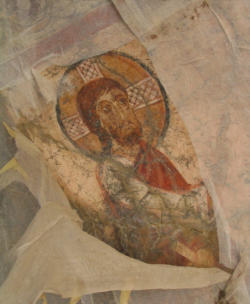 Close-up van de mooie wandschildering met Christus afgebeeld.
