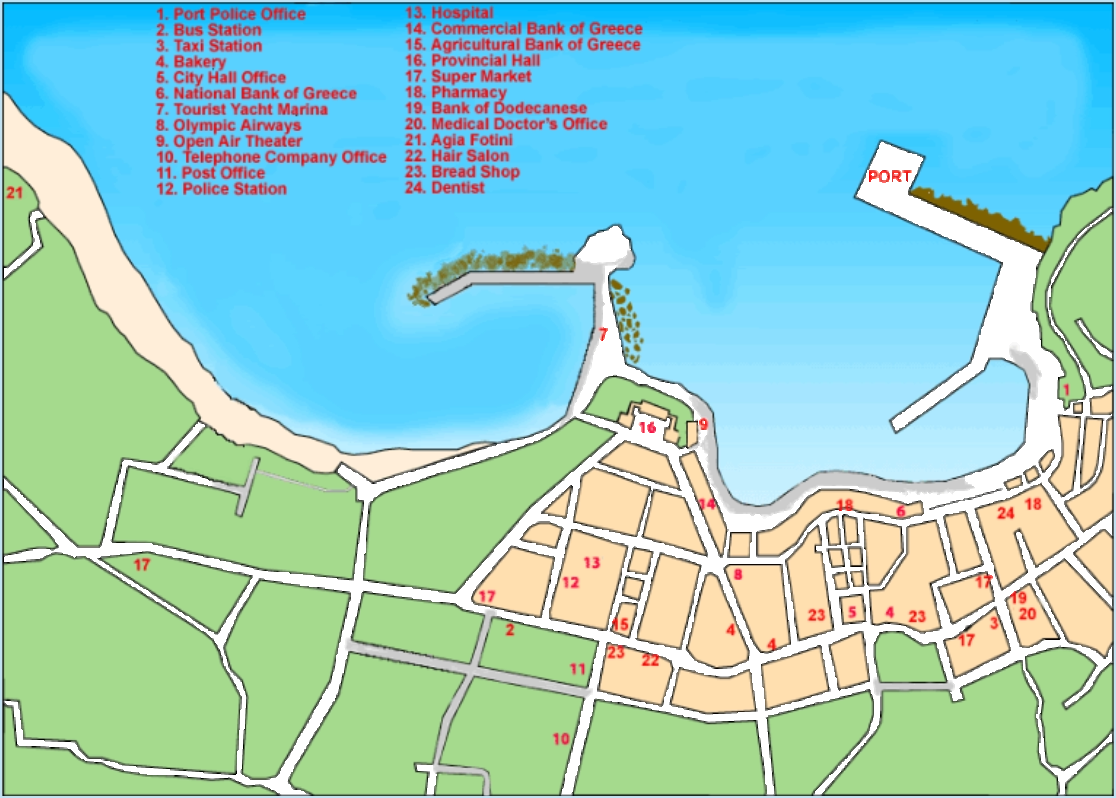 Plattegrond met verwijzingen van Pigadia Karpathos Griekenland